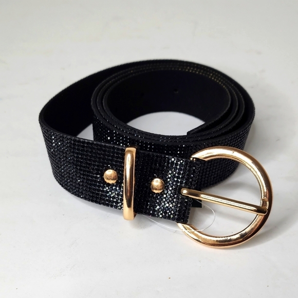 Vera Black Rhinestones Belt with Gold Round Buckle 43" - Picture 3 of 8